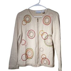 Alfred Dunner Tan Embroidered Knit Full Zip Cardigan Petite Sz M